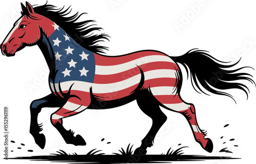 Running horse with American flag wrapped body in side gallop motion as liberty celebration design  