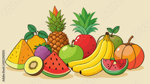 Assortment of colorful cartoon fruits including pineapple apple banana watermelon orange and kiwi