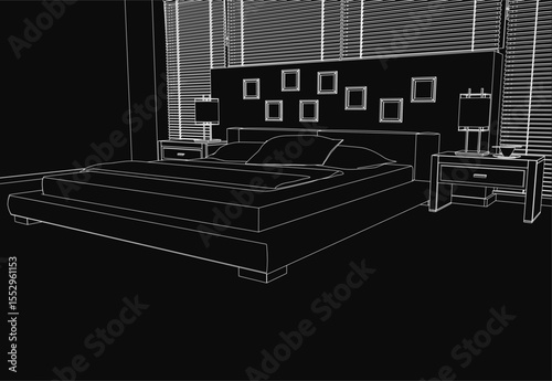 A black and white sketch of a cozy bedroom featuring a neatly made bed with plush pillows, stylish lamps on side tables, framed photos on the wall, and partially open window blinds.