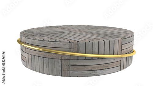 Modern round display podium with a textured wooden block pattern and elegant gold ring accent, ideal for product showcases on a transparent background.

