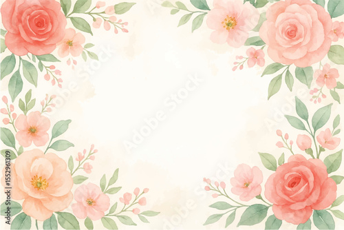 Vintage floral background with romantic pink roses, elegant frame, and decorative hearts for a wedding or Valentine's Day card design
