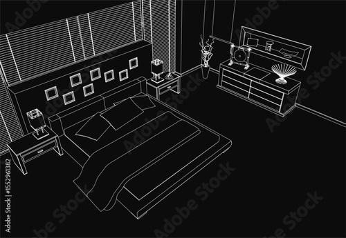 Black and white drawing of a cozy bedroom featuring a neatly made bed with plush pillows, stylish lamps on side tables, framed artwork on the walls, and a decorative flower vase.