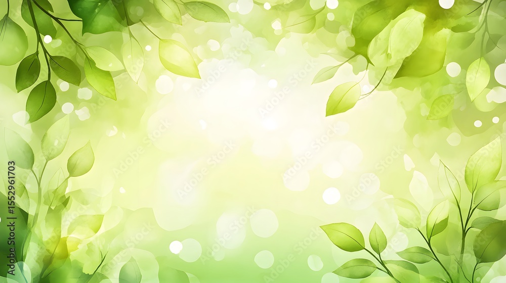 Fototapeta premium Watercolor Green Leaves Spring Nature Background