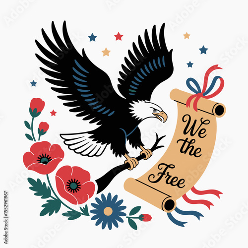 Eagle in flight holding we the free scroll with bouquet of red white blue flowers in freedom tribute  