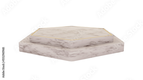 Sleek two-tiered hexagonal marble display with subtle gold accents, perfect for luxurious product presentations on a transparent background.

