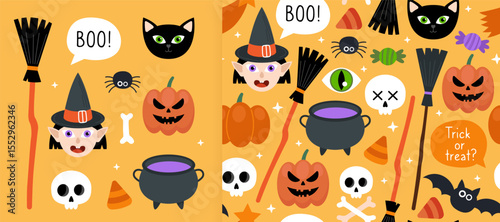 Collection of magical Halloween elements and seamless pattern. Pumpkin, witch, cat, broom, skull, cauldron, sweets. Orange background. Design for wrapping paper, textile.