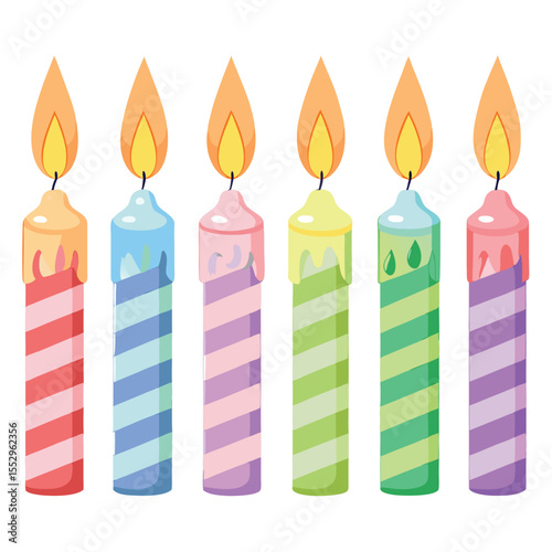 Colorful birthday candles with lit flames for celebration and festive occasions design