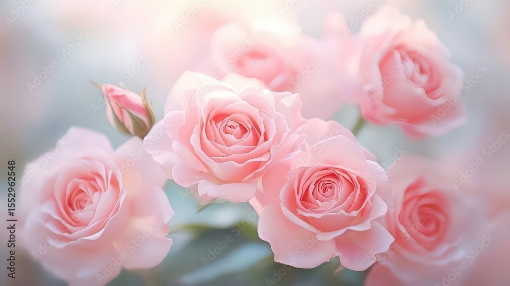 Obraz premium Delicate roses in a soft and blurred style for a wedding backdrop and for Valentine's Day. Soft focus blur.