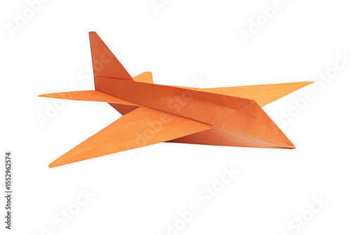 A vibrant orange paper airplane crafted with precision showcasing its folded wings and tail isolated on transparent background