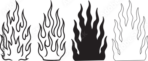 Set of flames and fire, elements and abstract illustrations in gothic style, gothic and acid tattoos and print templates, acid neo tribal shapes, Classic silhouette. Vector Eps Png illustration file.