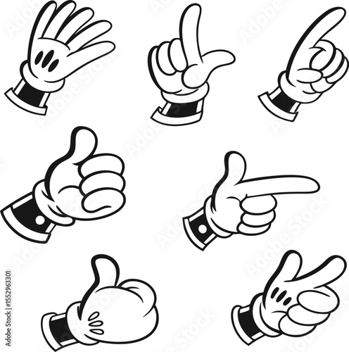 Retro cartoon legs and hands, Hands with gloves and feet with boots, various poses for characters, a set of poses, gestures, placement of hands and feet.