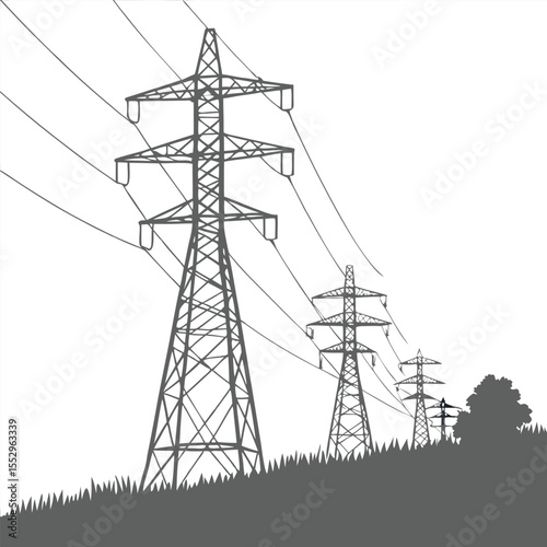 Power line tower, transmission tower with white isolate background, High voltage post or High voltage tower. Vector Illustration Png Background Template.
