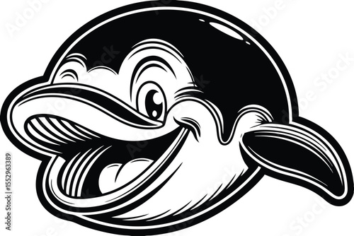 Bold cartoon penguin head smiling widely shows a simple yet playful black and white illustration