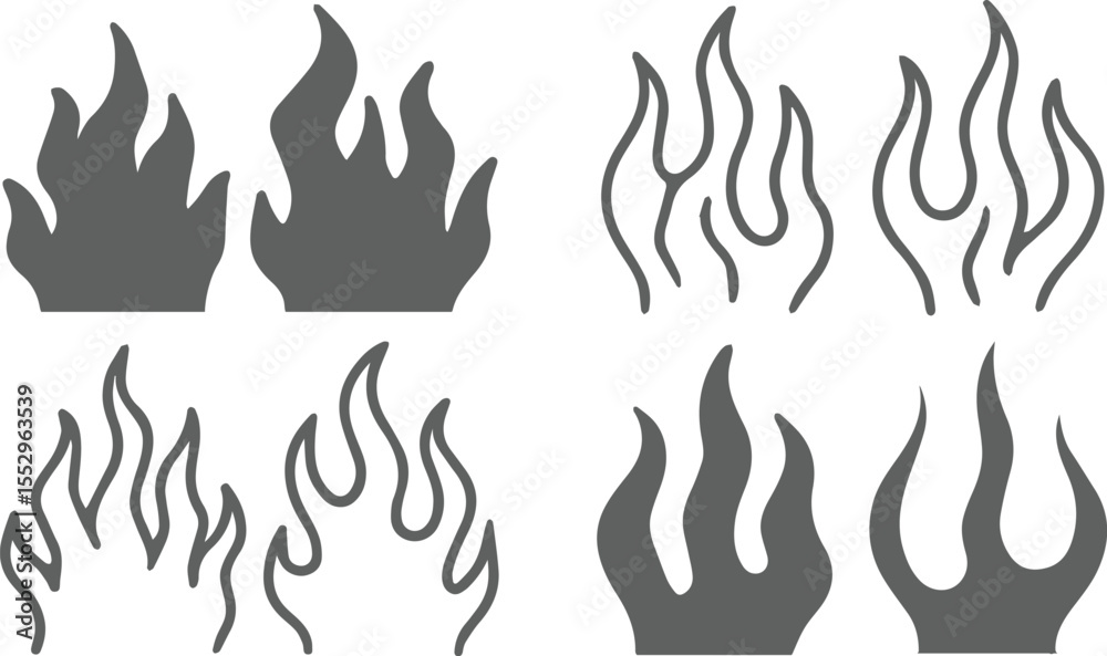Set of flames and fire, elements and abstract illustrations in gothic style, gothic and acid tattoos and print templates, acid neo tribal shapes, Classic silhouette. Vector Eps Png illustration file.