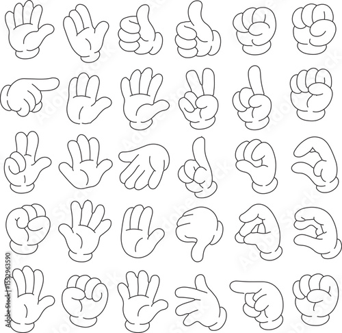 Retro cartoon legs and hands, Hands with gloves and feet with boots, various poses for characters, a set of poses, gestures, placement of hands and feet.
