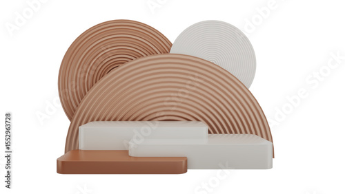 Transparent Background: Dynamic abstract product display with terracotta and white rectangular platforms, framed by concentric arch backdrops.

