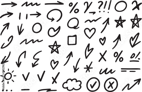 Vector swoosh doodles, hand drawn, arrows, speech bubble, heart, check mark, cross mark, square, circle, exclamation mark, star, curly, bracket, hashtag, geometric shapes, sketch. Black eps file.