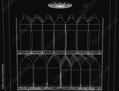 A black and white contour illustration of neatly arranged water bottles on a shelf, illuminated by a soft overhead light. The organized storage resembles a refrigerator setup, emphasizing efficiency.
