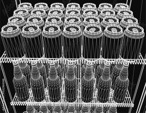 A 3D model of a sleek metal rack neatly holding multiple beer cans, arranged in orderly rows for efficient storage. The black background highlights the contour and reflective surfaces of the cans.