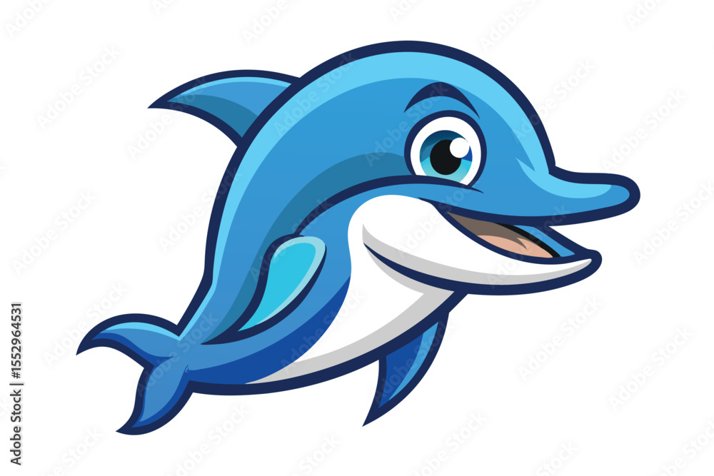 Naklejka premium Cheerful blue dolphin with large eyes and open mouth swims happily in the ocean
