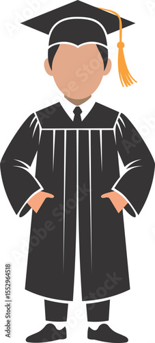 Happy graduate man standing with diploma wearing gown and mortar board in vertical pose representing success and education