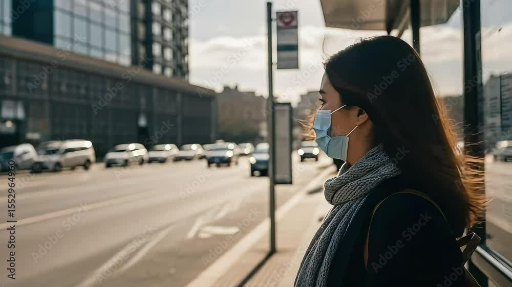 Masked Woman Waits at Bus Stop in London, Red Bus Passing By.