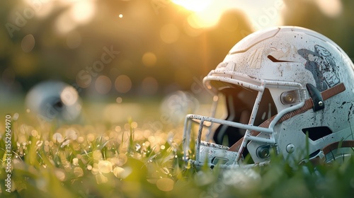 A football player's helmet covered in sweat and dirt.