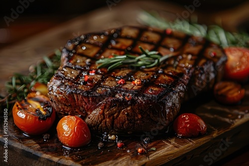 A savory and appetizing image of a perfectly grilled steak, highlighting the contrast between the meat and the charred vegetables.