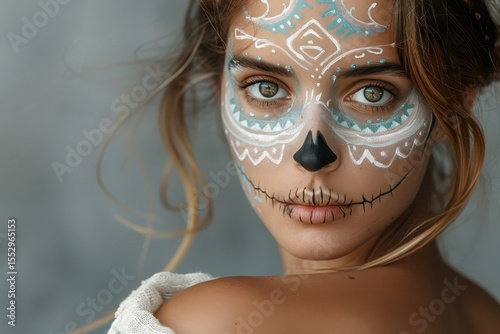 Close-up of a girl with intricate skull face paint, expressing vulnerability and defiance.