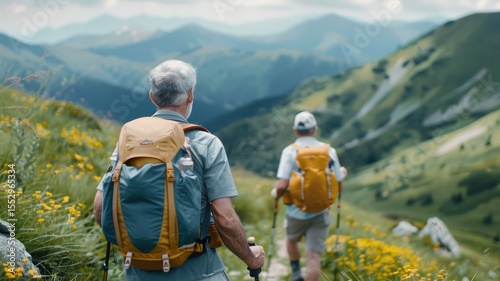 A hiker offers a friendly nod to a fellow hiker on a mountain trail.