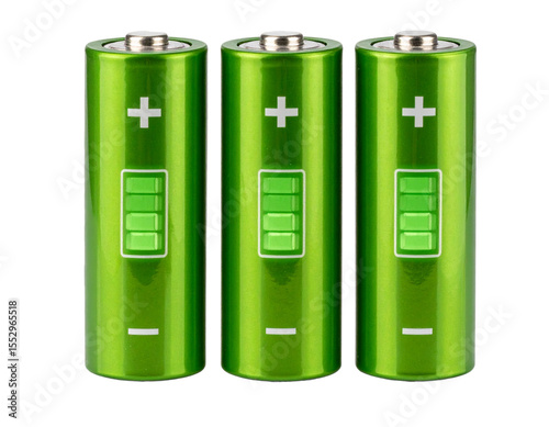 Set of Green Batteries with Power Level Indicator, isolated on transparent background PNG