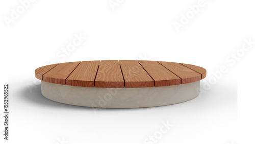 Transparent Background: Rustic round podium with a textured wooden plank top and a smooth light grey concrete-like base, ideal for natural themes.

