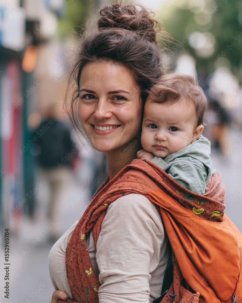 Fototapeta premium Smiling woman carrying baby in a sling on a city street 
