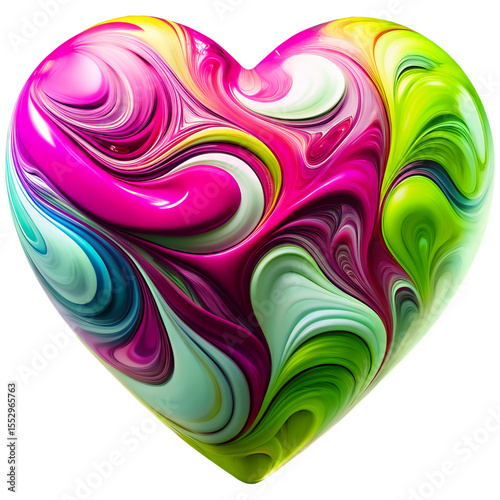 Vibrant colorful heart shape with swirl pattern, shades of pink, green, yellow, and blue, creating dynamic and visually engaging design against transparent background, close-up, cutout, clipart, png.