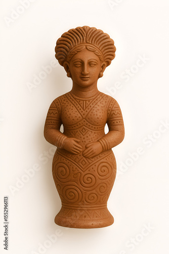 Ancient Terracotta Figurine with Stylized Headdress and Geometric Patterns – Serene Expression, Tribal Art Sculpture, Cultural Heritage, Ethnic Ceramic Collectible