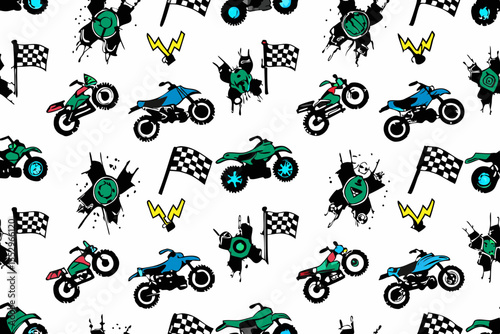 Vector motocross seamless pattern. Dirt bike cartoon repeat pattern.