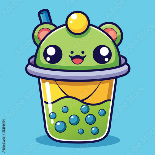 Cute cartoon frog boba tea drink with a smiling expression for fun designs