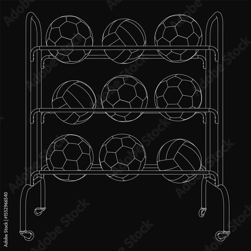 A black and white line drawing of a metal soccer ball rack with four wheels for easy mobility, featuring several neatly arranged soccer balls. The clean contours highlight the functional design