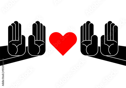 Unnecessary love. Man refuses to accept heart. Hands make refusal of love.
