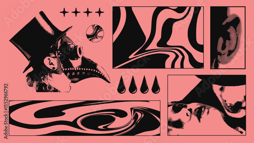 Plague doctor silhouette with top hat, abstract waves, tears, and facial elements in a bold coral brutalist composition. Concept of surreal, dark-themed branding visuals