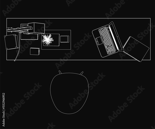 A black and white contour drawing of a laptop on a desk, accompanied by a mouse and scattered office items. The dark background creates a mysterious, intriguing workplace atmosphere with a minimalist.