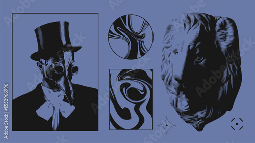 A masked plague figure faces off with a fragmented lion sculpture over swirling abstract textures in blue. Concept of event posters (art shows, techno clubs, modern theatre)