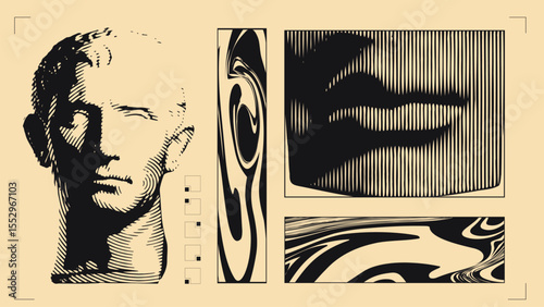 Combines ancient sculptural portraiture with distorted vertical graphics and abstract fluid textures. Concept of album artwork (electronic, experimental, post-punk)
