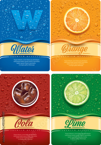Drinks and juice background with drops and orange and lime slice. Package template for juice drinks	