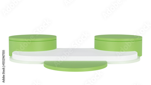 Transparent Background: Multi-level product display featuring a white oval platform with two green cylinders and a detached green disc.

