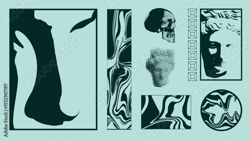 Surreal brutalist fusion of ancient busts, halftone skulls, and warped marbling textures layered in an abstract grid on aqua tones. Concept of streetwear graphics, fashion backdrops