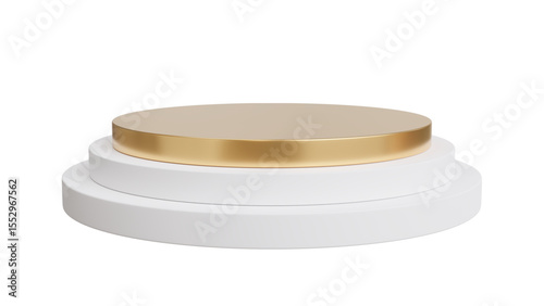 Transparent Background: Luxurious three-tier round podium featuring white bases and a gleaming golden top, perfect for premium product display.


