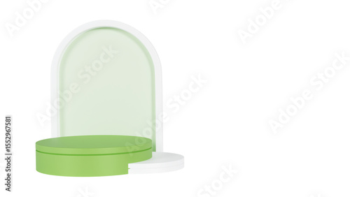 Transparent Background: Elegant light green cylindrical podium paired with a white half-cylinder and a soft arched pastel green backdrop.


