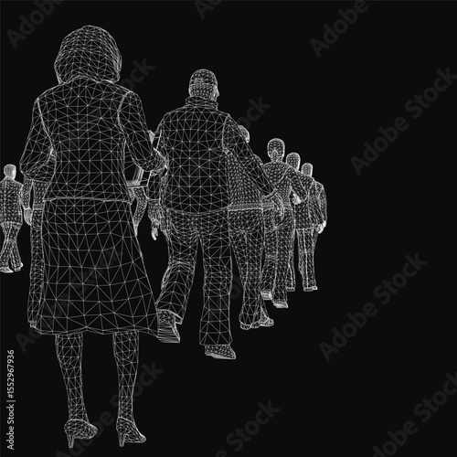 A group of people walking in a line, rendered as a detailed 3D wireframe model on a black background. The crowd moves uniformly, with each figure showing realistic posture and motion.