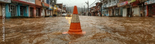 Overwhelmed drainage system with warning cone in urban floodwater, infrastructure alert and stormwater surge hazard captured in saturated zone and extreme weather impact
